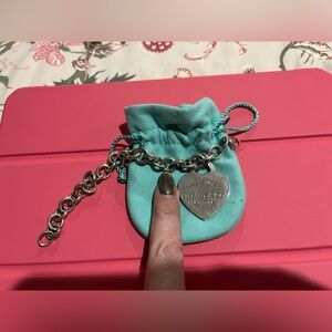 Tiffany & Co. Silver XL Heart Tag Charm Bracelet with Turquoise Pouch